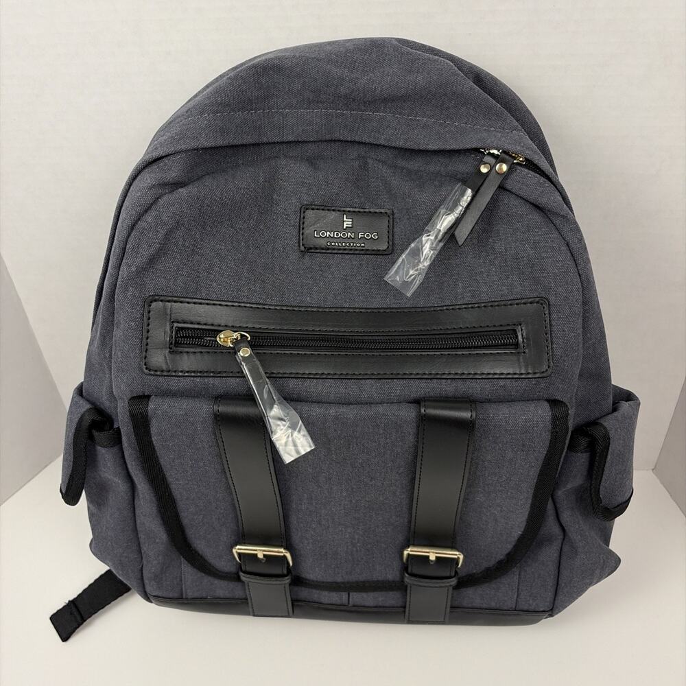 London Fog Collection Backpack Denim Canvas 16x12x5 Inch Pockets Blue Black